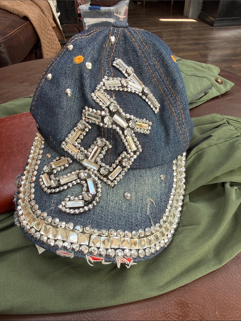 Embellished Denim Baseball Cap - Crystal Accent - Women Accessories